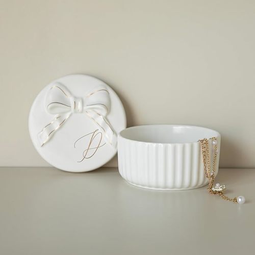 COLLECTIVE HOME - Monogram Jewelry Box with Bow, Christmas Gift Ideas for Women, Small Gift for Girlfriend Wife, Ring Holder, Earrings Dish, Birthday Gift for Her (D)