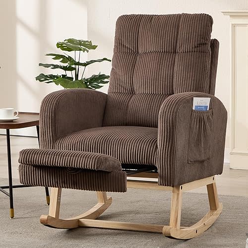Nursery Rocking Chair, Corduroy Upholstered Rocking Chair with Adjustable Footrest, Tufted Rocker Chair with Side Pocket, Glider Rocker for Living Room, Bedroom (Brown Retro)