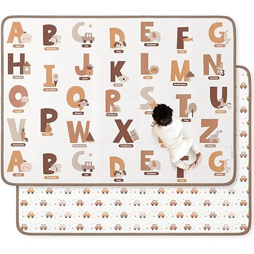 Foldable Baby Play Mat, 71" X 55" Waterproof Double-Sided Cushioned Activity Play Mat, Soft Lightweight Foam Playmat with Fold-Up Sides, Non Slip Crawling & Playing for Infants and Toddler, Alphabet
