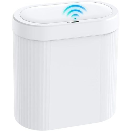 jinligogo 5 Gallon Bathroom Trash Can with Lid, Automatic Motion Sensor White Trash Can, Touchless Slim Waterproof Garbage Bin for Kitchen, Bedroom, Office, and Bathroom
