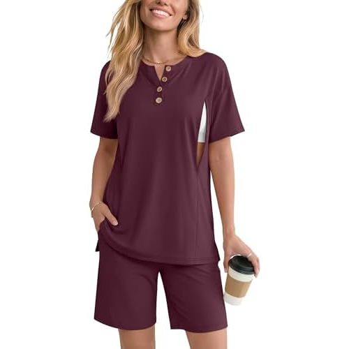 2 Piece Maternity Nursing Pajama Set Postpartum Sleepwear Breastfeeding Short Sleeve and Shorts with Hidden Zipper