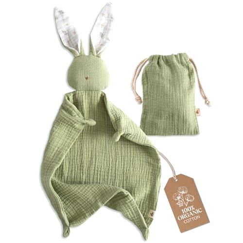 Mikito Organic Cotton Baby Muslin Lovey Bunny - Oeko-TEX & GOTS Certified - Security Blanket & Perfect Loveys for Babies - Unisex New Baby Gift for Ultimate Comfort & Peaceful Dreams