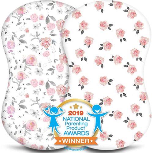 Bassinet Sheets - Fitted, Premium Jersey Cotton - Baby Bedside Sleeper Cover - Universal Sheet Set for Rectangle, Oval, or Hourglass Bassinet Mattress - White 2 Pack for a Girl - Petal - Standard