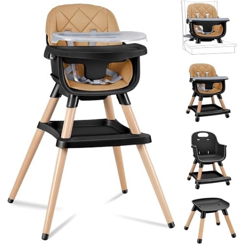 Babyliebe Baby High Chair, 8 in 1 Convertible Wooden High Chair for Babies and Toddlers, Converts to Booster Seat, Toddler Chair & Stool, with Removable Double Tray, Adjustable Legs & Footrest (Brown)