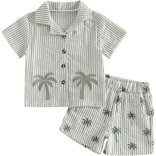 Kupretty Toddler Baby Boy Clothes Tropical Vacation Summer Outfits Button Up Short Sleeves Hawaiian Beach Shirts & Shorts
