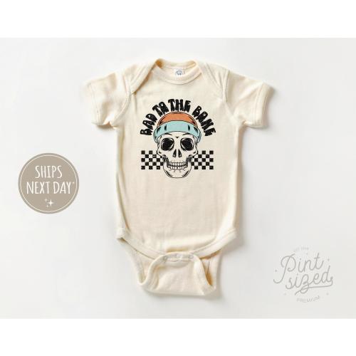 Bad To The Bone Baby Onesie® - Boys Checkered Skull Bodysuit - Edgy Natural Onesie®