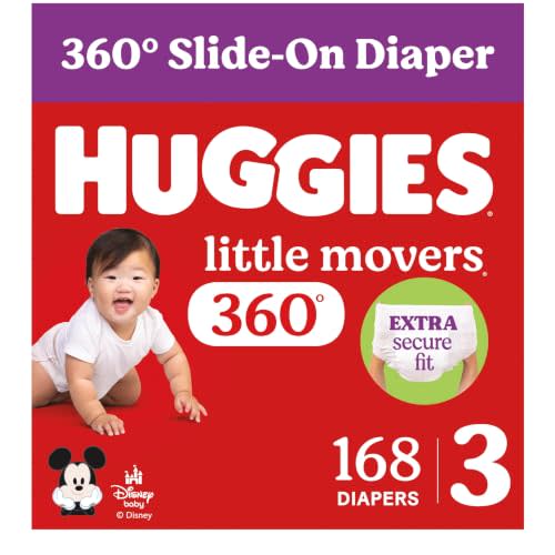 Huggies Little Movers HuggFit 360 Diapers Size 3, 168 Count (4 Packs of 42) | Pull On Diapers, Double Grip Strips, Secure Flexible Fit, Up to 12-Hour Protection, Dry Touch Liner, Wetness Indicator
