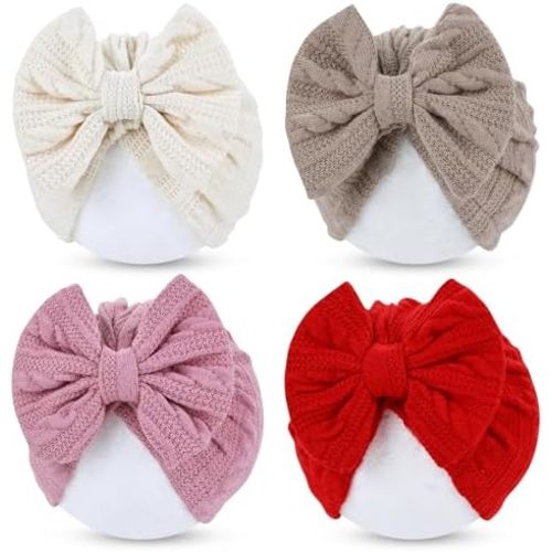 Cinaci 4 Pieces Baby Girls Turban Hats with Bow Newborn Hospital Caps Bonnets Beanies Headwraps for Infants Toddlers