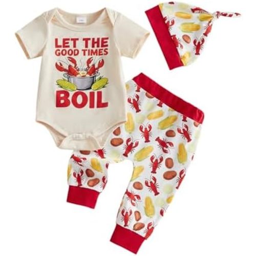 Pergag Infant Baby Boy Outfit Let the Good Times Boil Romper and Lobster Corn Print Long Pants Set Newborn Summer Clothes Hat