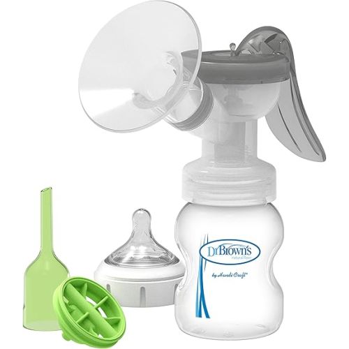 Dr. Brown’s Manual Breast Pump with SoftShape 100% Silicone Shield (B, 25mm flange) & Anti-Colic Options+ Wide-Neck Baby Bottle 5 oz/150 mL, with Level 1 Slow Flow Nipple
