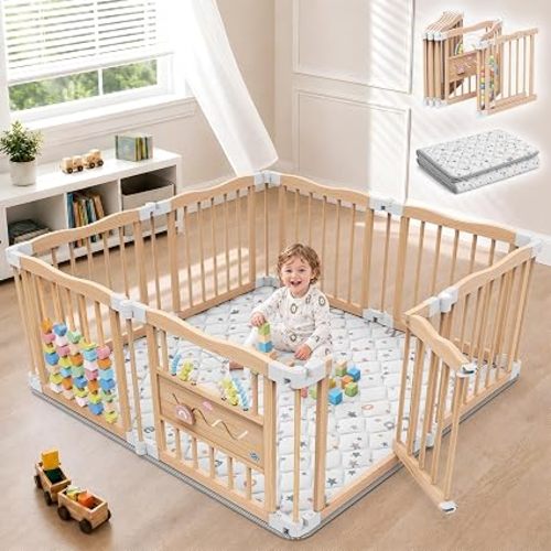 Foldable Wooden Baby Playpen with Mat, 8-Panel, 50 x 50 x 24 in