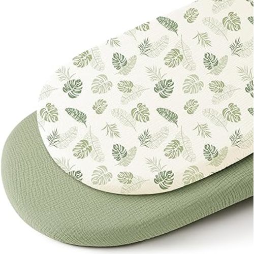 Konssy 2 Pack Muslin Bassinet Sheets for Baby Boy, 100% Cotton Soft Breathable Bassinet Mattress Sheets Fit for Hourglass Oval Cradle Rectangle Mattress (Palm Paradise,Sage)