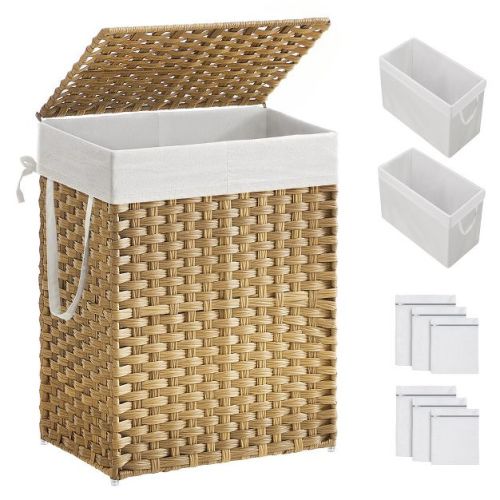 SONGMICS 90L Laundry Hamper with Lid Clothes Hamper with 2 Removable Liner Bags & 6 Mesh Bags Natural