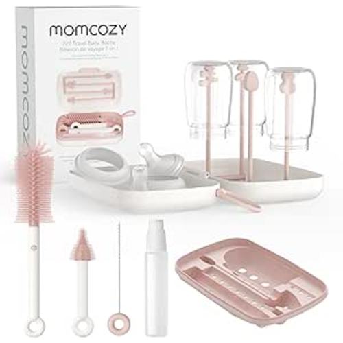 Momcozy 7-in-1 Baby Bottle Cleaner Kit with Silicone, Nipple & Straw Brushes, Soap Dispenser and Drying Rack - Portable Cleaning Tool for Home and Travel, Pink