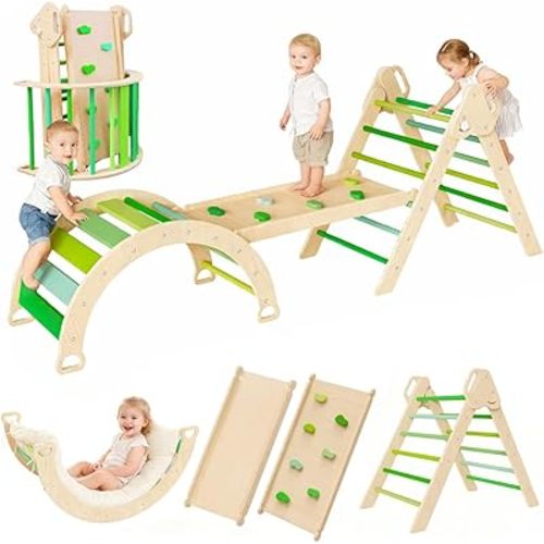 Large pikler Triangle Set with Cushion，7 in 1 Foldable Baby Jungle Gym with Ramp & Arch，Wooden Montessori Toddler Climbing Toys Indoor for Toddlers 1-6 Year Old (Green)