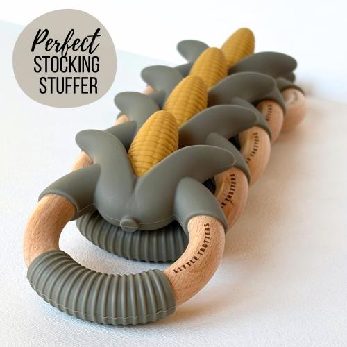 Silicone Corn Teether Natural Teething Toy Baby Shower Gift Beechwood Teether BPA Free Pain Relief Safe Gum Massager Food Grade Eco Friendly