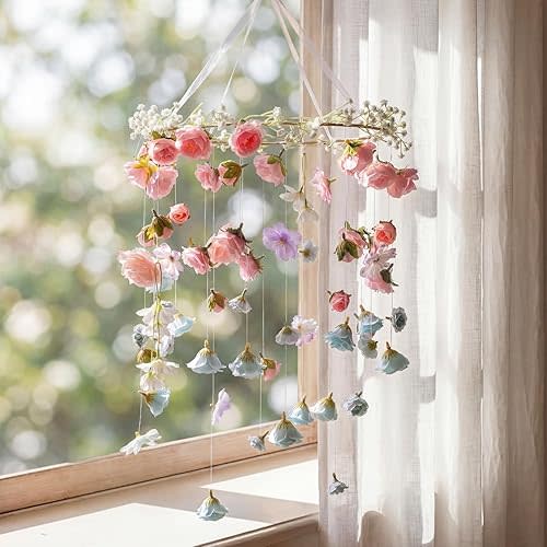Sosation Artificial Flowers Crib Mobile Spring Hanging Flower Wind Chimes Hanging Plants Boho Style Wildflower Wedding Bridal Shower Garland Accessories for Spring Summer Porch Home Decor(Fresh Style)