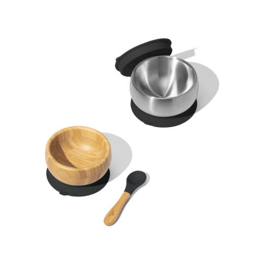 Sustainable Essentials Gift Set - BLW Removeable Suction Baby Bowls, Bamboo and Stainless Steel Green