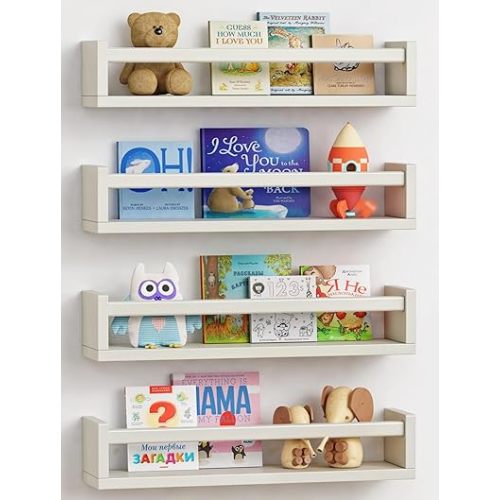 Forbena Floating Nursery Book Shelves for Wall Set of 4, Wall Bookshelf for Kids Room, White Wood Hanging Bookshelves Book Shelf for Baby Toddler Childrens Boy Girl Bedoom Toy and Decor Storage