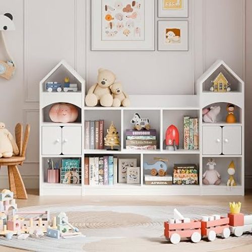 Bonvache Castle Shape Children's Bookshelf, Kids Bookcase Display Case Kids Toy Storage Organizer Multifunctional Storage Cabinet Bookshelf Suitable for Playroom, Children's Room, Living Room, White