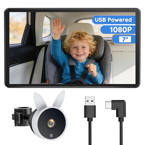 Babyvue BV4 Baby Car Camera 7",1080P IPS Display,Auto IR Night Vision,USB Powered Plug & Play Rear Seat Baby Monitor,Adjustable Brightness,Must Haves for New Parents & Pets Lover