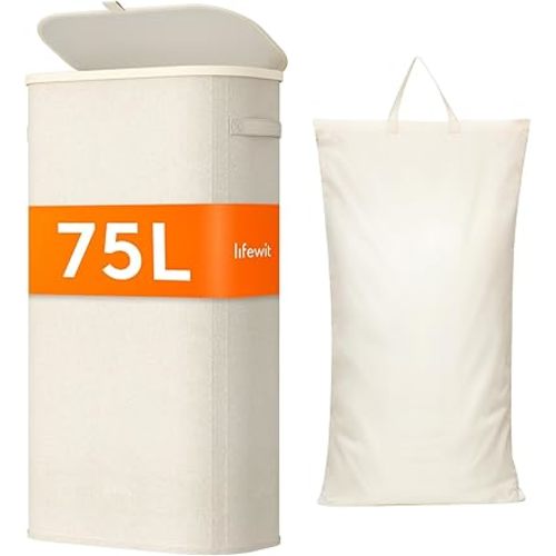 Lifewit 75L Slim Laundry Basket with Lid, Narrow Large Laundry Hamper with Plastic Handles and Removable Bag, Tall Foldable Dirty Clothes Hampers for Laundry Room, Bedroom, Bathroom, Dorm, White