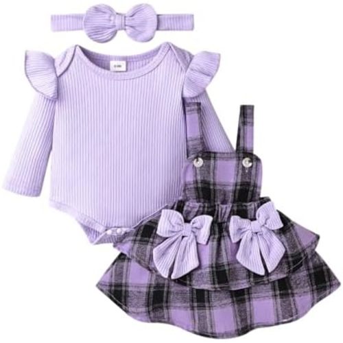FOCUTEBB Baby Girl Clothes Fall Winter Outfit Long Sleeve Ruffle Romper Plaid Skirt Bow Headband 3 Pcs Set 0-18 Months