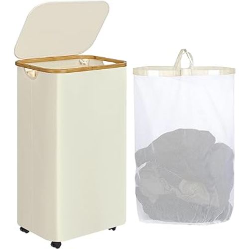 Laundry Basket with Wheels, 110L Beige Clothes Hamper for Laundry, Laundry Hamper with Lid and Inner Bag, for Laundry Room, Bedroom, Dormitory Storage,Beige