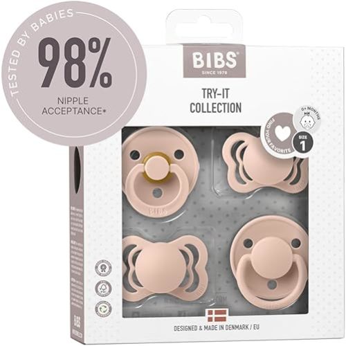 BIBS Try-It Collection | 4-Pack Soothers | BPA-Free Round, Anatomical & Symmetrical Nipple | Natural Rubber Latex/Silicone | Made in Denmark | 0-6 Months | Blush