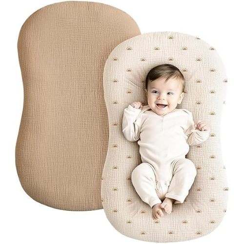 Muslin Baby Lounger Cover 2 Pack, 100% Cotton Newborn Lounger Cover, Soft and Breathable Baby Nest Slipcover for Boys Girls (Camel,Sun)