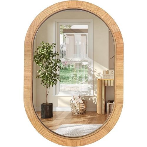 20x30 inch Oval Rattan Mirror for Wall, Bohemia Bathroom/Farmhouse Boho Mirrors, Vanity Irragular Decorative Mirror, Suitable for, Nursery, Bedroom, Living Room, Home Decoration