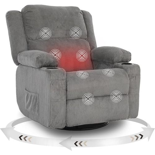 360 Degree Swivel Rocker Recliner Chair with Heat and Massage, Soft Corduroy Manual Reclining Nursery Glider(Grey)