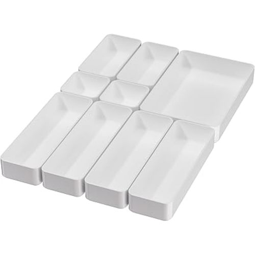 9 Pcs Stackable Drawer Organizer Trays Set, Multifunctional Stackable Storage Trays for Vanity, Bathroom, Kitchen, Desk Drawer Organizer Office. Plastic Drawer Organizers Available In 5 Colours, White