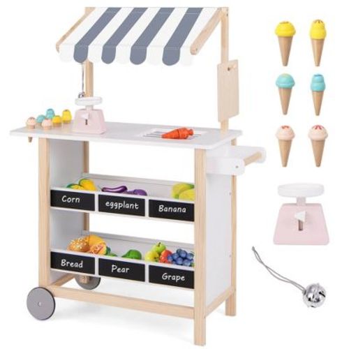 Costway Kids Ice Cream Cart Wooden Toddler Farmers Market Stand with Chalkboard & Storage White/Green