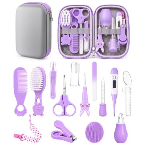 YASEW Baby Grooming Kit, Storage Bag, Newborn Essentials, Gift Ready Purple | Baby Comb and Brush, Nail, Hair, Nasal & Temperature Care Tools, BPA-Free, Travel Ready, for Girls & Boys