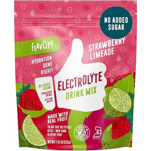 FlavCity Strawberry Limeade Electrolytes Powder Packets - 28 Hydration Packets - No Added Sugar - Hydration Powder with Real Fruit & Unrefined Sea Salt - Keto & Gluten-Free (28 Stick Packs)