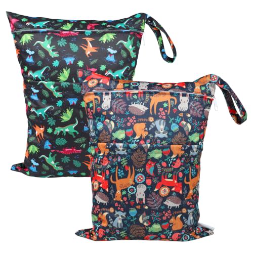 Baby Wet Dry Bag for Swimsuit,Kids Waterproof Clothes Bags for Travel | Reusable Diaper 2 Zipper Wet Bags for Beach Breast Pump Parts,Bathing Suit Bag Colorful Dinosaur