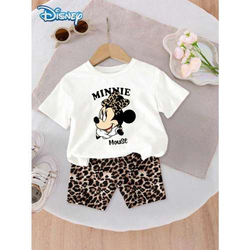 Disney Mickey Mouse Infant Girls' Minnie Letter Print Short Sleeve T-Shirt And Shorts Cute Set, Children Casual Holiday Leopard Print Elastic Waist Shorts Outdoor Apparel | SHEIN USA