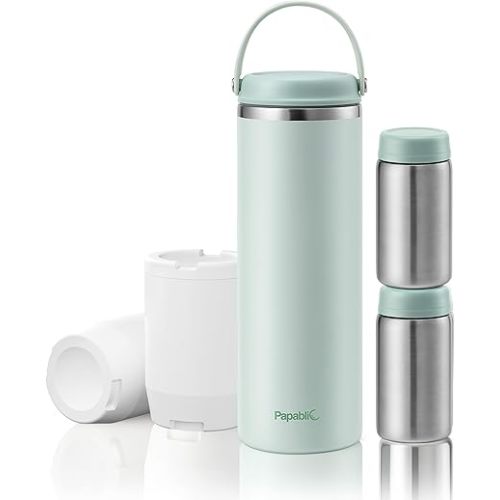Papablic Innovative 360° CapsuleChill Breastmilk Cooler for 36H Safe Storage, 20oz Stress-Free Portable Breast Milk Chiller with 2pcs Stainless Steel Baby Bottles for Work & Travel, Mint Green