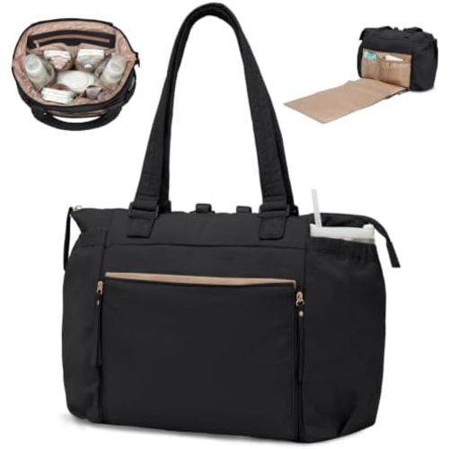 MOMINSIDE Diaper Bag Tote with Changing Station Convertible Diaper Bag Backpack Tote pañaleras para bebe Large Baby Bag, Hospital Bag Mommy Bag Travel Diaper Bag for Mom, 16 Pockets, Black