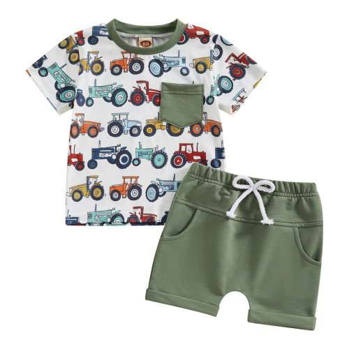 Xudanell Baby Boy Farm Clothes Western Cow/Animals Farm Themed Shirt Top Solid Short Pant 2Pcs Summer Short Outfits (White, 2-3 Years)