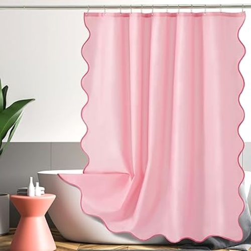ORTIGIA Pink Scalloped Shower Curtain, Cute Pink Ruffle Shower Curtains Boho Pretty Aesthetic Preppy Waterproof Fabric Girls Bath Bathroom Decor with Metal Hook 72 W x 72 H Inch