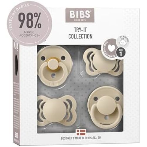 BIBS Try-It Collection | 4-Pack Soothers | BPA-Free Round, Anatomical & Symmetrical Nipple | Natural Rubber Latex/Silicone | Made in Denmark | 0-6 Months | Vanilla
