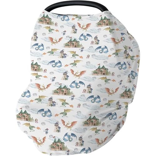 Fairytale Dragon and Knights Car Seat Cover for Babies Fantasy Dragons Princess Castle Stretchy 5-in-1 Cover Adjustable Infant Carseat Cover Canopy Moon Clouds Breathable Nursing Cover-Up
