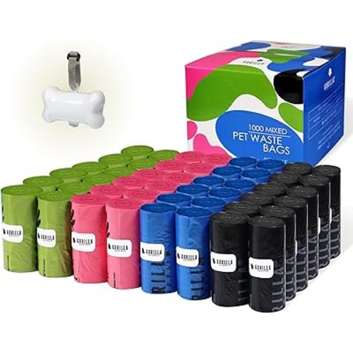 GORILLA SUPPLY 1000 multicolor poop bags for dogs with Dispenser and Leash Tie, 9" x 13", Mixed