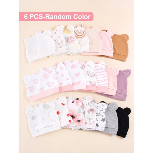 6pcs Newborn Infant Baby Hat Solid Color & Printed With Ear Design Warm Protective Cute Daily Casual Accessories Suitable For Outdoor Use | SHEIN USA