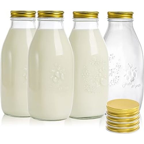 ZOOFOX 4 Pack 32 oz Glass Milk Bottle with Lids, Vintage Milk Container for Refrigerator, Glass Juice Bottles, Reusable Dairy Drinking Containers for Almond Milk, Yogurt, Smoothies, Maple Syrup, Jam