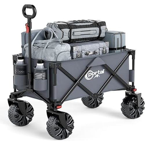 PORTAL Collapsible Folding Utility Cart, Heavy Duty Foldable Wagon with All Terrain Wheels, Large Capacity Beach Cart for Camping, Garden, Shopping, Groceries, Grey