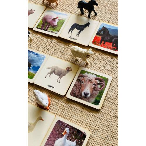 3 - Parts Montessori and Waldorf learning Farm animals sustainable matching games perfect for homeschooling.