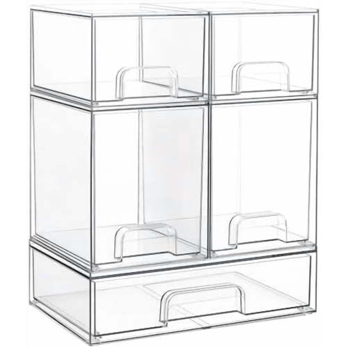 Stackable Storage Drawers Set of 5, Clear Plastic Organizer Bins for Beauty Supplies,Ideal for Vanity, Bathroom,Cabinet,Pantry Organization